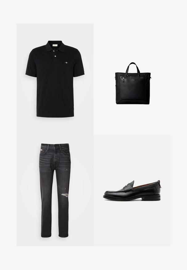 Polo noir en coton, doté d'un col classique, d'une patte de boutonnage à deux boutons, de manches courtes et d'un petit logo brodé sur la poitrine.; Jean en denim noir avec une coupe droite, des détails déchirés au niveau des genoux, un style à cinq poches et une finition légèrement délavée.; Mocassin homme en cuir noir avec couture moc toe, bride penny, col texturé et petit talon empilé sur fond blanc.; Sac cabas noir avec doubles poignées, grande poche avant en cuir avec fermeture éclair et logo discret Calvin Klein au centre de la poche.