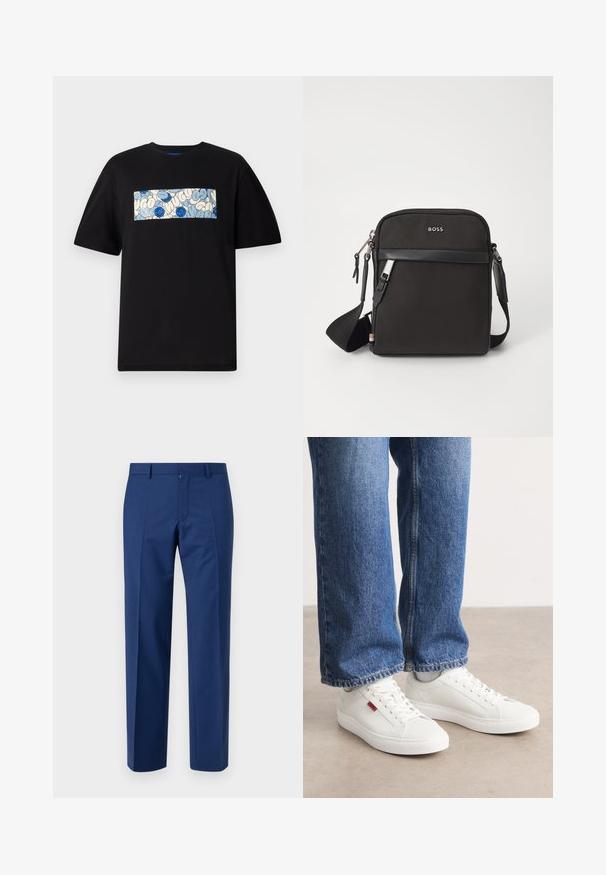 Camiseta de algodón negra con un gráfico rectangular en azul y crema, con patrones circulares y garabatos, diseñada para un ajuste relajado.; Pantalones azul marino con un diseño de pierna recta, que incluyen un frente plano, una textura sutil, trabillas para cinturón y un cierre de cremallera.; Zapatillas blancas con una superficie lisa, puntera redonda y suela plana. Acompañadas de jeans de mezclilla azul con un corte recto y costuras visibles.; Bolso bandolero negro con un tejido texturizado, logo en la parte frontal, cierre de cremallera y correa ajustable. Presenta un ribete de cuero suave.
