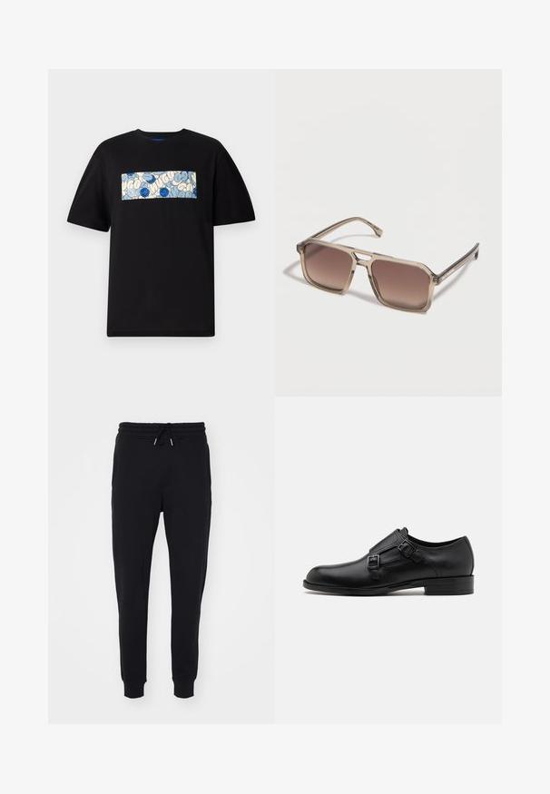Sort bomulds t-shirt med en rektangulær grafik i blå og creme med cirkulære mønstre og doodles, designet til en afslappet pasform.; Sorte sweatpants lavet af blødt stof, med elastisk talje og snøre, sidelommer og afsluttende tætsiddende manchetter ved anklerne.; Sort læderherresko med dobbelte spænder, slank silhuet og rund tå. Har en lav hæl og glat tekstur.; Gennemsigtige beige plastsolbriller med brune gradient firkantede linser, der ligger på en hvid overflade.