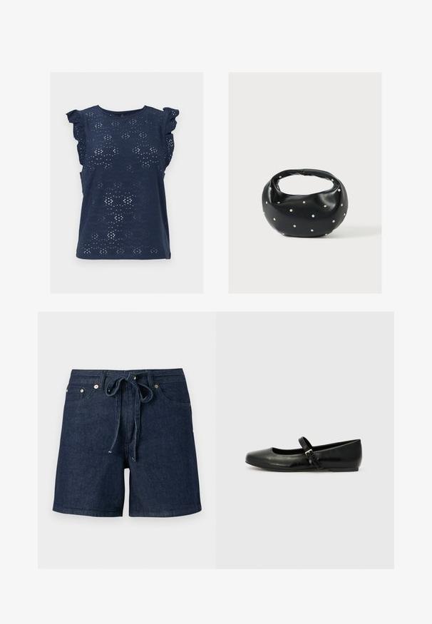 Blouse sans manches bleu marine avec motif en dentelle ajourée et manches courtes à volants, col rond et ourlet droit.; Shorts en denim bleu foncé avec poches avant et ceinture en tissu nouée à la taille, présentés sur un fond gris uni.; Ballerines en cuir noir avec un bout arrondi, une semelle plate et une fine sangle ajustable sur le cou-de-pied avec une boucle en métal.; Sac à main en cuir noir de forme arrondie, décoré de clous argentés et équipé d'une poignée courte. Texture lisse et fermeture éclair.