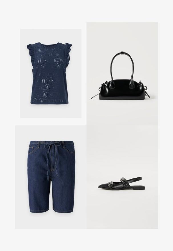Blouse sans manches bleu marine avec motif en dentelle ajourée et manches courtes à volants, col rond et ourlet droit.; Shorts en denim bleu foncé avec taille à cordon de serrage, cinq poches et coutures contrastées. Longueur mi-cuisse et texture lisse.; Even&Odd by Zalando Ballerines à brides arrière - black; Petit sac à main noir brillant avec deux longues anses et des détails à cordon sur les côtés sur un fond clair uni.