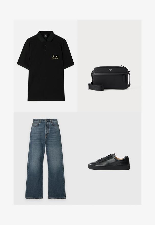 Must kärg ja puuvillane polo särk, millel on kolme nupuga lähenemine ja kuldne brodeeritud logo vasakul rinnal. Lühikesed varrukad, klassikaline lõige.; Kõrge vöökohaga, laiad sinised teksad ees pockets, vööaasade ja nööbiligiga, valmistatud keskmise pesu denim kangast.; Musthave nahkast kingad sujuva tekstuuriga, ümara toe jastringsidega sulgemisega. Omab paksu kummist tallat ja minimaalset brändi detaili.; Must ristkülikukujuline õlakott, esiosal luku tasku, reguleeritav rihm ja väike metallist logo ülaservas keskel.