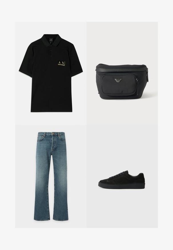 Sort polo-shirt lavet af bomuld, med en tre-knaps placket og et guld broderet logo på venstre bryst. Korte ærmer, klassisk pasform.; Blå denimjeans med let vidde forneden, klassisk fem-lomme design, knap- og lynlåslukning samt subtil falmen på lår.; Sort semsket sneakers med en flad, tekstureret sål, rund tå, seks snørrehuller og et minimalistisk design.; Sort bæltetaske med frontlynlåslomme og sølv ørn-logo, glat stof med tekstureret kant og lynlåstræk.