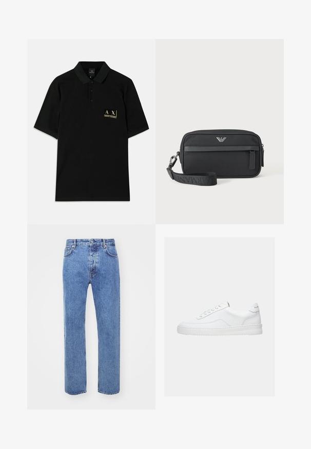 Polo-shirt noir en coton, avec un patte de boutonnage à trois boutons et un logo brodé doré sur la poitrine gauche. Manches courtes, coupe classique.; Won Hundred STEVE - Jean boyfriend - cut blue; Baskets basses blanches avec un design à lacets, dessus en cuir lisse et semelle épaisse, montrées de profil sur un fond uni.; Petit sac bracelet rectangulaire noir avec poche avant zippée, emblème logo argenté et bandoulière amovible avec texte de marque.