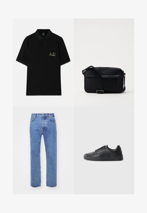 Sort polo-shirt lavet af bomuld, med en tre-knaps placket og et guld broderet logo på venstre bryst. Korte ærmer, klassisk pasform.; Won Hundred STEVE - Jeans Relaxed Fit - cut blue; Sorte lædersneakers med en glat finish, rund tå, struktureret sidelæder og sorte snørebånd. Har en flad gummisål og et minimalistisk design.; Sorte nylon skuldertaske med en kontrasterende rem, slank rektangulær form, logo detaljer og en lynlåslomme på forsiden.
