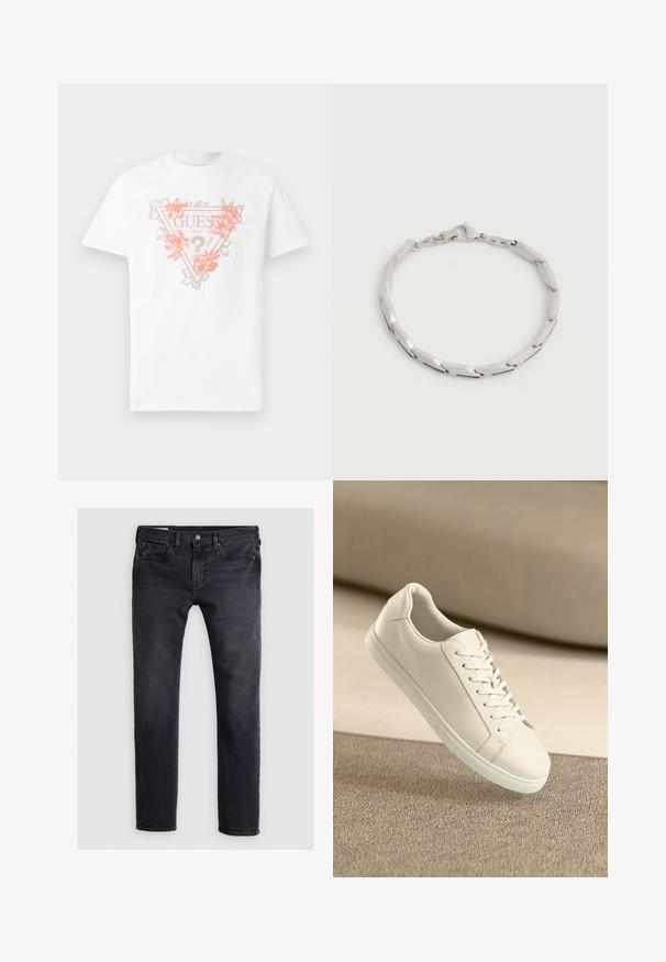 T-shirt en coton blanc avec un logo en forme de triangle orné de fleurs en corail et or. Manches courtes et col rond.; Jean en denim bleu foncé avec une coupe droite, présentant une fermeture par bouton à l'avant, un design à cinq poches et des zones légèrement décolorées.; Baskets en cuir blanc avec des lacets blancs, exposées sur une surface beige texturée et avec un arrière-plan flou doux.; Bracelet ton argent avec des maillons plats et anguleux, fermé par un fermoir mousqueton, présenté sur un fond clair uni.