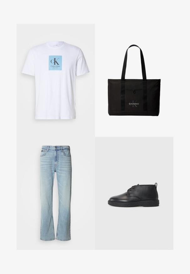 Weißes T-Shirt mit kurzen Ärmeln und einem hellblauen Quadrat auf der Brust, das das Textlogo "cK Calvin Klein New York" zeigt.; Hellblaue Jeans aus Denim mit geradem Bein, ausgestattet mit fünf Taschen, einem Knopfverschluss und subtilen Verwaschungen im Stoff.; Schwarze Leder-Stiefeletten mit glatter Textur, abgerundeter Spitze und schwarzer Gummisohle. Verfügt über ein Schnürdesign und eine Fersenschlaufe für ein einfaches Anziehen.; Schwarze Calvin Klein Tote-Tasche mit zwei langen Griffen und Fronttasche, mit dem Markenlogo in Weiß und Grau.