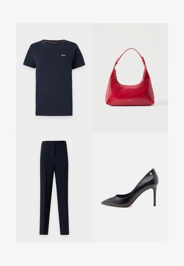 Navyblauwe katoenen T-shirt met een ronde halslijn en korte mouwen. Bevat een witte geborduurde "BOSS"-logo op de linkerborst.; Marineblauwe op maat gemaakte dress trousers met voorplichting, riemlussen en een verborgen sluiting aan de voorkant op een lichte achtergrond.; Zwarte leren pump met hoge hak en spitse neus, voorzien van een uitsnijdingsontwerp en een klein gouden logo-accent op de hak.; Rode leren schoudertas met gouden rits en verstelbare band, Calvin Klein-logo gecentreerd aan de voorkant.