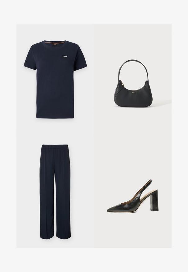 Camiseta de algodón azul marino con cuello redondo y mangas cortas. Presenta el logo blanco de "BOSS" bordado en el lado izquierdo del pecho.; Pantalones azul marino oscuro de corte recto con cintura elástica y sutil detalle de pliegue frontal, mostrados sobre un fondo liso.; Zapato slingback de piel negra con puntera puntiaguda, tacón alto y ancho, y forro interior beige sobre un fondo claro y liso.; Bolso de cuero negro para el hombro con forma curva, cremallera dorada y pequeño logotipo dorado en el frente, aislado sobre fondo claro.