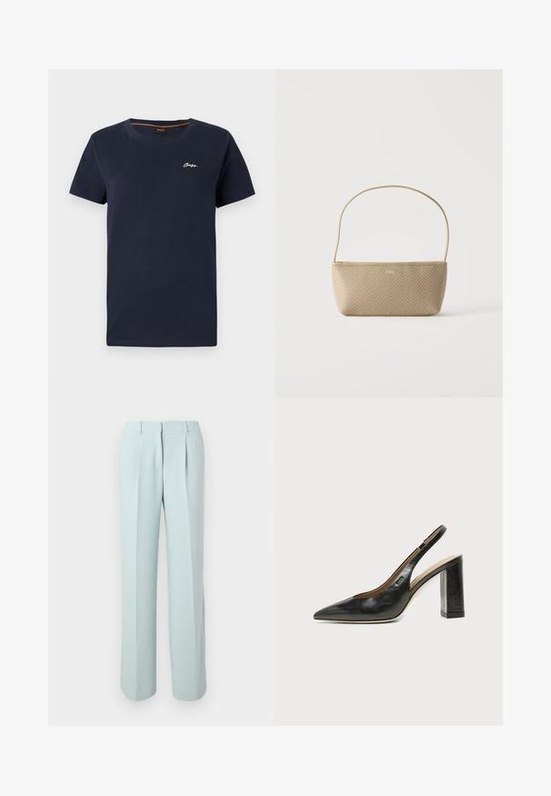 Navyblaue Baumwoll-T-Shirt mit rundem Halsausschnitt und kurzen Ärmeln. Verfügt über ein weißes, aufgenähtes "BOSS"-Logo auf der linken Brust.; Hellblaue High-Waist-Hose mit vorderen Falten, Gürtelschlaufen und geraden, weiten Beinen vor weißem Hintergrund.; Schwarzer Leder-Slingback-Schuh mit spitzer Kappe, hohem Blockabsatz und beigegefüttertem Innenraum vor hellem, einfarbigem Hintergrund.; Beige gewebte Handtasche mit dünnem Schulterriemen und kleinem goldenen "BOSS" Logo vorne, vor weißem Hintergrund präsentiert.
