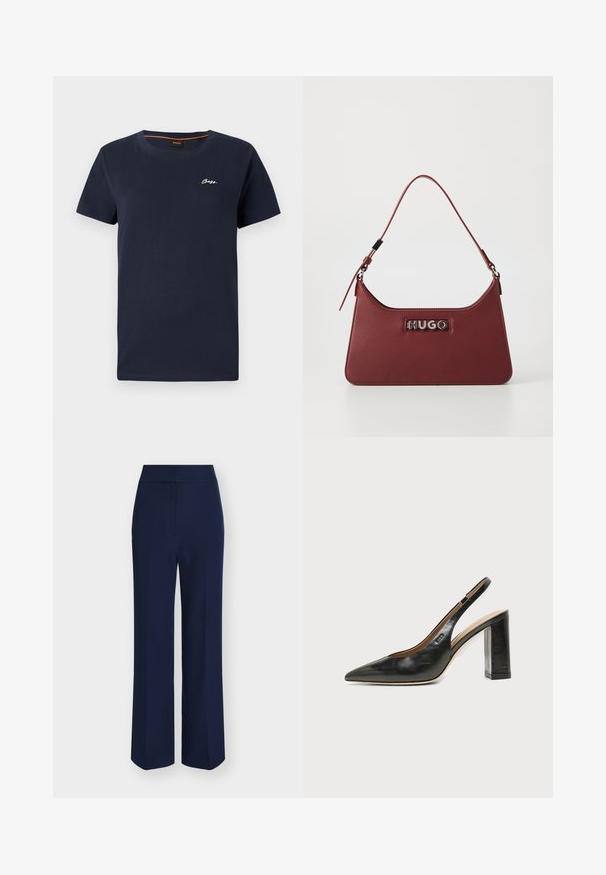 T-shirt en coton bleu marine avec un col rond et des manches courtes. Présente un logo "BOSS" brodé en blanc sur la poitrine gauche.; Pantalon large taille haute bleu marine avec fermeture avant dissimulée et coupe ajustée.; Chaussure slingback en cuir noir à bout pointu avec un talon bloc haut et une doublure intérieure beige sur un fond clair uni.; Petit sac à main rectangulaire en cuir bordeaux avec une bandoulière ajustable et une plaque logo « HUGO » en argent à l'avant.