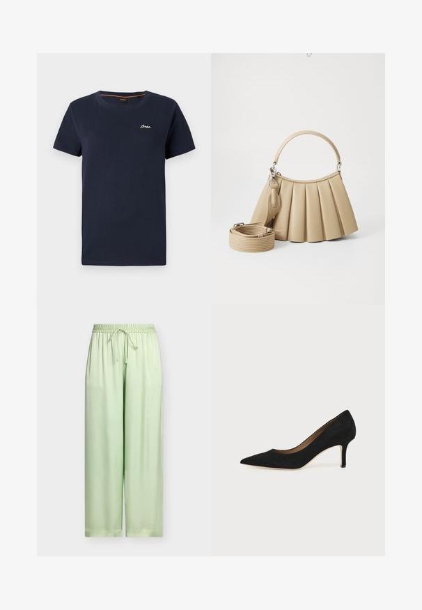 Navyblauwe katoenen T-shirt met een ronde halslijn en korte mouwen. Bevat een witte geborduurde "BOSS"-logo op de linkerborst.; Lichtgroene wijde broek met elastische tailleband en verstelbaar trekkoord, gemaakt van gladde stof, afgebeeld op een effen achtergrond.; Zwarte suède pumps met spitse neus, een slanke middenhoge naaldhak en een laag uitgesneden ontwerp op een effen achtergrond.; Lacoste LENGLEN BAG - Handtas - viennois