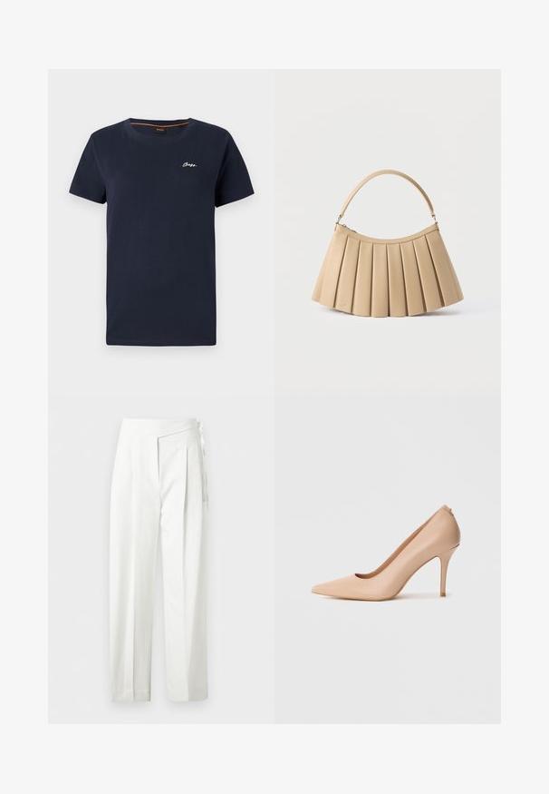 Navyblaue Baumwoll-T-Shirt mit rundem Halsausschnitt und kurzen Ärmeln. Verfügt über ein weißes, aufgenähtes "BOSS"-Logo auf der linken Brust.; Weiße Hose mit hoher Taille, Falten und seitlicher Bindung, mit geradem Bein und verdecktem Verschluss.; Beiger Leder-Pumps mit spitzer Spitze, glatter Textur und schmalem Stiletto-Absatz. Minimalistisches Design mit Schlupfverschluss.; Beige plissierte Handtasche mit gebogenem Reißverschluss oben und einem einzelnen gebogenen Griff, dargestellt auf weißem Hintergrund.