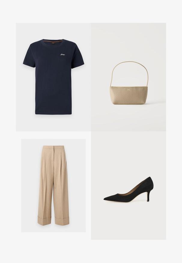 Navyblaue Baumwoll-T-Shirt mit rundem Halsausschnitt und kurzen Ärmeln. Verfügt über ein weißes, aufgenähtes "BOSS"-Logo auf der linken Brust.; Beige weite Hose mit hoher Taille, vorderen Falten und breiten Umschlägen am Saum, gezeigt auf weißem Hintergrund.; Schwarzer Wildleder-Pumps mit spitzer Schuhspitze, schlankem mittelhohem Stiletto-Absatz und tiefem Ausschnitt auf einfachem Hintergrund.; Beige gewebte Handtasche mit dünnem Schulterriemen und kleinem goldenen "BOSS" Logo vorne, vor weißem Hintergrund präsentiert.