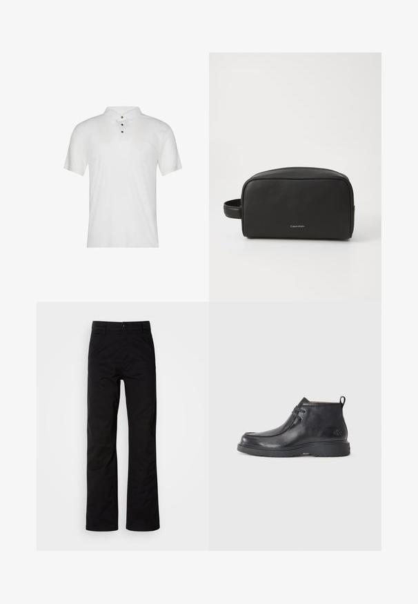Hvid polo i bomuld med korte ærmer, krave og tre sorte knapper foran. Glat tekstur med minimal branding.; Sort bomuldsbukser med lige ben, der har knaplukning og bæltestropper. Glat tekstur og minimalistisk stil uden synlige mønstre.; Sorte læder ankelstøvler med rund tå, snørelukning og en løkke bagpå. Tekstureret overdel og gummisål.; Sort læder toilettaske med tekstureret overflade, afrundet form og sidelomme. Har Calvin Klein-logoet på fronten.