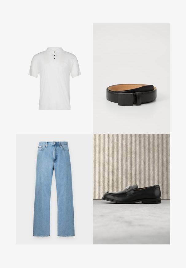 Weißes Poloshirt aus Baumwolle mit kurzen Ärmeln, einem Kragen und drei schwarzen Knöpfen vorne. Glatte Textur mit minimalem Branding.; Hellblaue gerade geschnittene Jeans im Five-Pocket-Design mit Knopfverschluss an der Taille, präsentiert vor einem schlichten Hintergrund.; Schwarzer Lederloafer mit einer Metallmarkenplatte, der nahe einem braunen runden Tisch auf beigem Teppichboden ruht.; Schwarzer Leder-Gürtel mit glatter Oberfläche, ausgestattet mit einer rechteckigen schwarzen Metallschnalle und beigem Innenfutter. Schlichtes, klassisches Design.