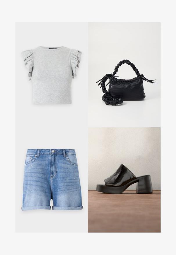 Grå ribbet strikket crop top med korte volangærmer og rund halsudskæring. Glat tekstur, tætsiddende design og ingen synlige grafik eller mønstre.; Lyseblå denimshorts med opsmøgede kanter og små sølvsøm spredt på forlommerne og øvre lår.; Sort laklæder mule med åben tå og kraftig blokhæl, placeret oprejst på gråt gulv mod sløret baggrund.; Sort kunstlæder håndtaske med krokodilteksur, indsnøret top og en sammenkrøben rem. Ser blød og kompakt ud i designet.