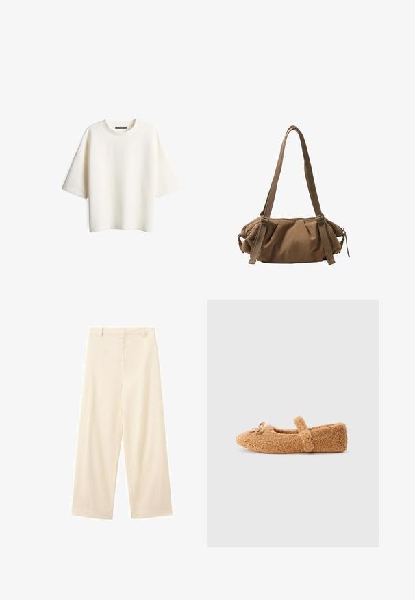 Weißes, strukturiertes Kurzarm-T-Shirt mit Rundhalsausschnitt, das eine lockere Passform bietet und keine sichtbaren Verschlüsse oder Muster aufweist.; Beige Hosen mit weitem Bein, Gürtelschlaufen, flacher Vorderseite und dezenten Nahtdetails, auf weißem Hintergrund dargestellt.; Braune, flauschige Hausschuhe im Slipper-Stil mit runder Spitze, einem Riemen über der Oberseite und einer dekorativen Schleifendekoration auf der Vorderseite. Weicher Stoff.; Braune Stoff-Schultertasche mit gerafften Seiten und langen verstellbaren Trägern, die vor weißem Hintergrund hängt.