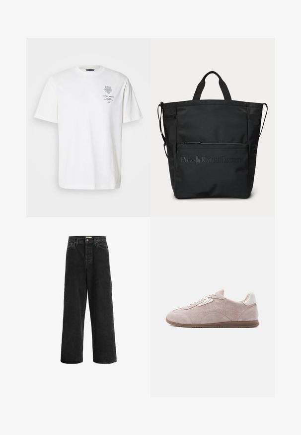 Weißes Baumwoll-T-Shirt mit rundem Halsausschnitt, kurzen Ärmeln und einem grauen Logo- und Textdruck auf der Vorderseite.; Schwarze weit geschnittene Jeans aus Denim. Sie verfügt über eine hohe Taille, zwei Fronttaschen, einen Knopfverschluss und dezente Nähte.; Hellrosa Wildleder-Sneaker mit weißem Fersenlaschen, Gummisohle und Schnürverschluss, seitlich auf weißem Hintergrund dargestellt.; Schwarze Tragetasche mit kurzen Griffen, vorderer Reißverschlusstasche und geprägt Polo Ralph Lauren Logo.