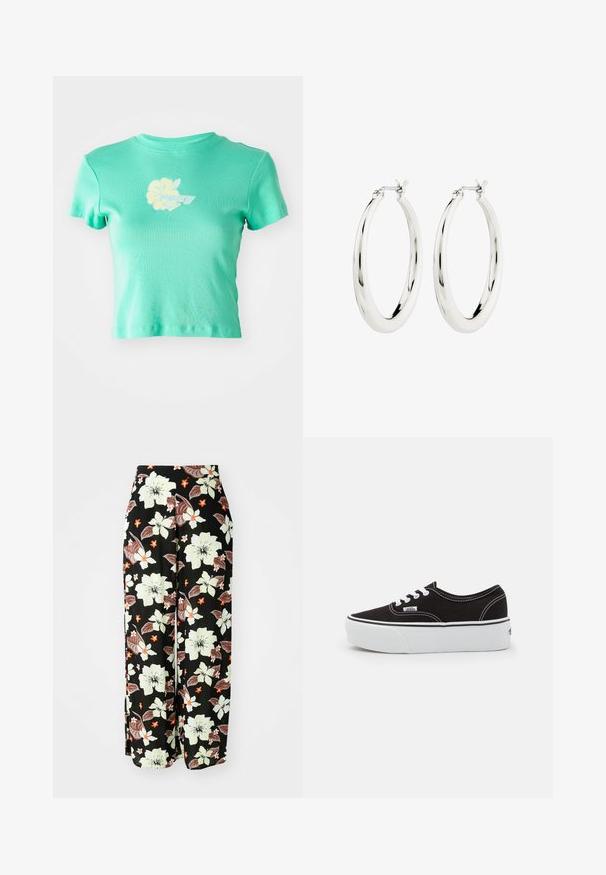 Geknipte t-shirt van lichte teal stof met een bloemendessin en het "ROXY" logo in wit en geel op de voorkant in het midden. Korte mouwen.; Zwarte bloemenbroek met grote witte, oranje en bruine bloemen, een loose fit met brede pijpen en gemaakt van zachte, lichte stoffen.; Zwarte canvas sneaker met een witte rubberen platformzool, voorzien van witte veters en stiksels, iconische branding op de zijkant, low-top ontwerp.; Zilveren oorbellen in de vorm van een gladde, glanzende ring. Circulaire vorm, voorzien van een veilige sluiting. Eenvoudig en elegant ontwerp.