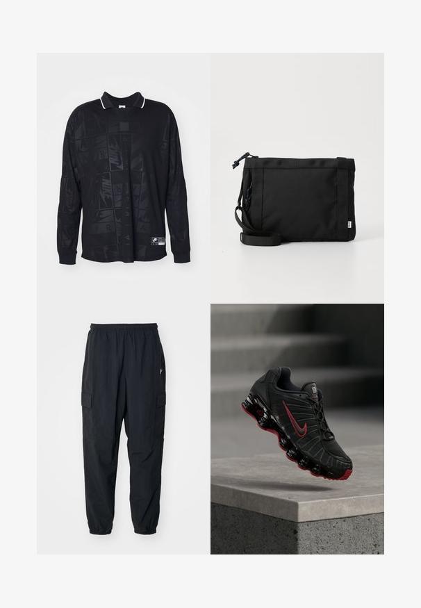 Pikend varrukatega must polo-särk, millel on tekstuurne muster, valge kontrastsusega krae ja Nike'i logo silti vasakus alumises nurgas.; Mustad mustad püksid kergest materjalist, elastse vöökoha, küljetaskute ja lõdva istuvuse ning elastsete mansettidega.; Must ja punane Nike spordijalats nähtava vedeliku sarnase tallaga, mis tasakaalustab betoonist astme serval.; Must mustra asendiga must kott, millel on tekstuuriga välimus, reguleeritav rihm ja nööriga sulgemine. Omab julgeid õmblusi ja külglabelit.