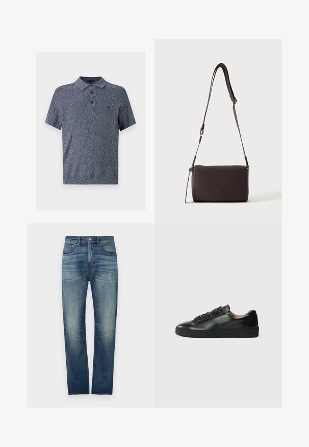 Polo homme à manches courtes avec un motif bleu texturé, trois boutons et un petit logo brodé sur la poitrine gauche.; Jean en denim bleu foncé à coupe droite, avec un léger délavage, cinq poches et une fermeture par bouton à la taille.; Baskets en cuir noir avec une texture lisse, bout rond et fermeture à lacets. Comprend une semelle en caoutchouc épaisse et un minimum de détails de marque.; Sac bandoulière en cuir marron foncé texturé avec une sangle réglable et un petit accent décoratif bleu sur le côté.