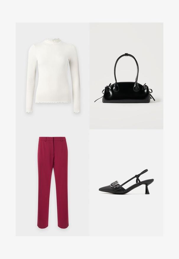 Top blanc à manches longues en maille côtelée avec encolure haute et ourlet à bord ondulé, coupe ajustée, présenté sur un fond uni gris clair.; Pantalon bordeaux en tissu lisse avec une coupe droite, équipé d'une ceinture, de passants pour ceinture et de poches latérales. Aucun détail décoratif.; Simmi London DALA - Escarpins - black; Petit sac à main noir brillant avec deux longues anses et des détails à cordon sur les côtés sur un fond clair uni.