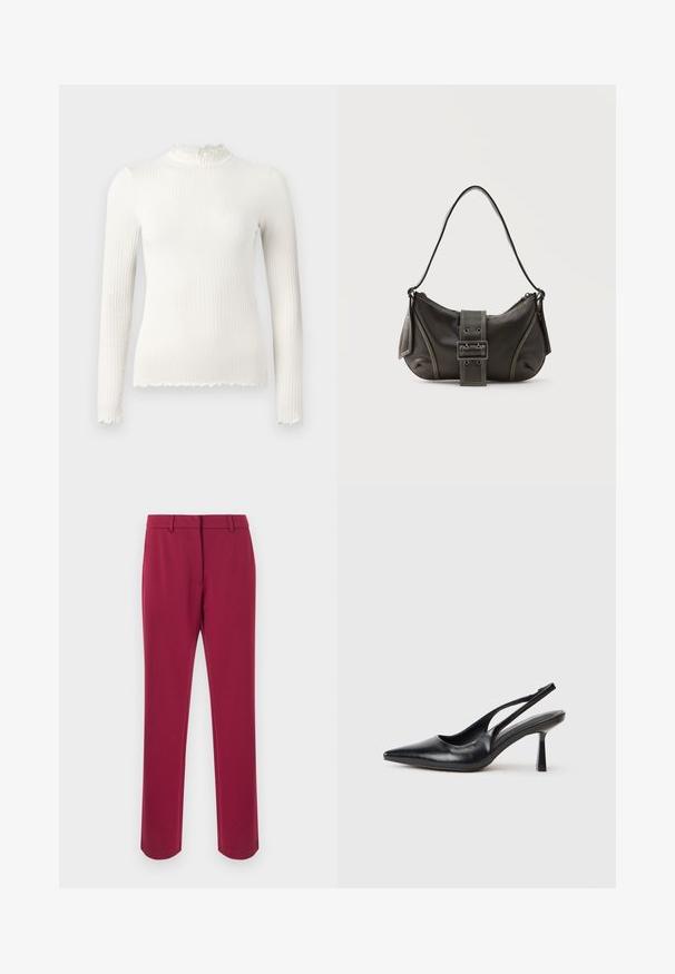 Top blanc à manches longues en maille côtelée avec encolure haute et ourlet à bord ondulé, coupe ajustée, présenté sur un fond uni gris clair.; Pantalon bordeaux en tissu lisse avec une coupe droite, équipé d'une ceinture, de passants pour ceinture et de poches latérales. Aucun détail décoratif.; Chaussure à talon haut en cuir noir, à bride arrière, avec un bout pointu et un talon fin sur fond blanc.; Sac à épaule en cuir noir avec une sangle à boucle, des bords arrondis et des coutures blanches contrastées sur un fond uni.