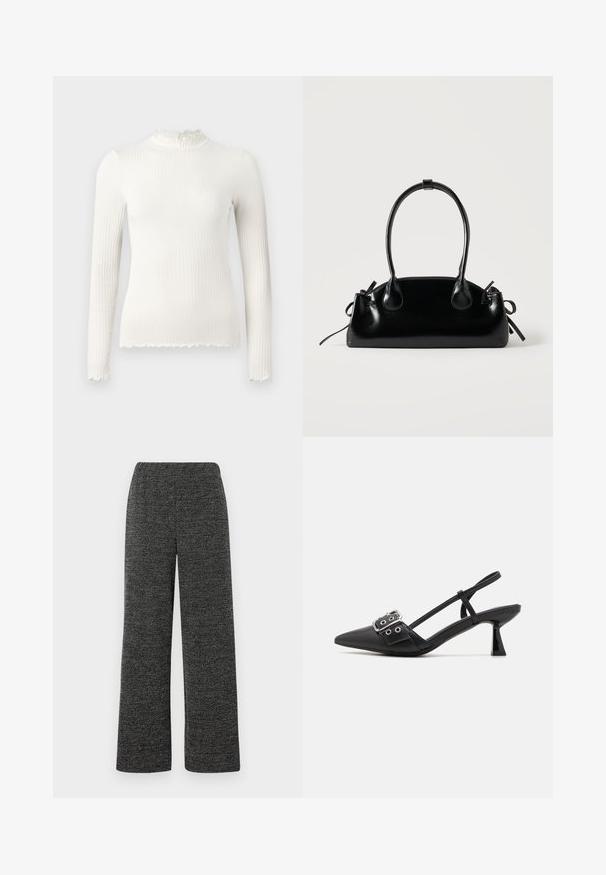 Top blanco de manga larga con textura acanalada, cuello alto y bajo con borde ondulado, estilo entallado, exhibido sobre un fondo liso gris claro.; Pantalones de pierna ancha en tejido texturizado negro y gris, con una cintura elástica para mayor comodidad. Sin bolsillos ni cierres visibles.; Simmi London DALA - Tacones - black; Pequeño bolso negro brillante con dos asas largas y detalles de cordón lateral sobre un fondo claro liso.