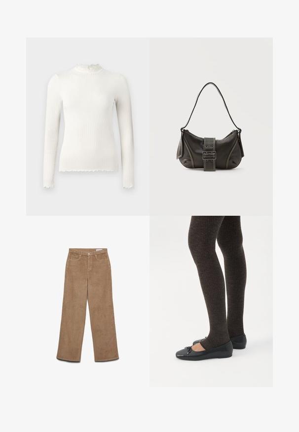 Top blanco de manga larga con textura acanalada, cuello alto y bajo con borde ondulado, estilo entallado, exhibido sobre un fondo liso gris claro.; Pantalones de pana de pierna ancha en color marrón. Presentan una tela texturizada, cinco bolsillos y cierre de botón. Corte recto desde la cadera hasta el dobladillo.; Piernas con leggings oscuros acanalados combinados con bailarinas negras que presentan pequeños detalles de lazo sobre un fondo blanco.; Bolso de hombro de cuero negro con detalle de correa con hebilla, bordes curvos y costuras blancas en contraste sobre un fondo liso.