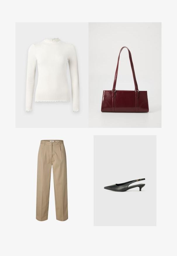 Top blanc à manches longues en maille côtelée avec encolure haute et ourlet à bord ondulé, coupe ajustée, présenté sur un fond uni gris clair.; Pantalon beige à jambes droites avec passants pour ceinture, fermeture éclair et agrafe à l’avant, ainsi que plis subtils à l’avant pour un look ajusté.; Chaussure slingback noire à bout pointu en cuir lisse. Présente un talon fin et un détail de boucle sur la sangle réglable.; Sac à main bordeaux en matériau brillant, de forme rectangulaire, avec deux anses et des accents légèrement courbés à l'avant.
