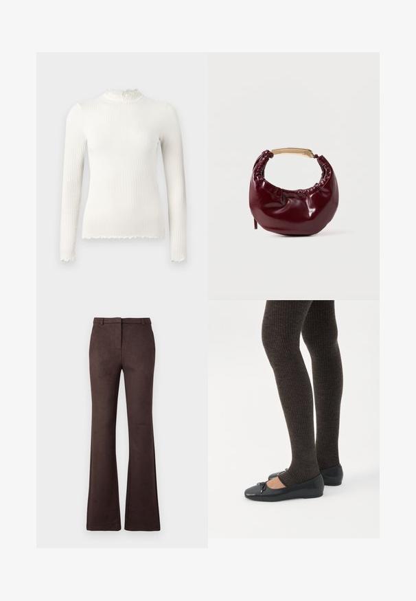 Top blanc à manches longues en maille côtelée avec encolure haute et ourlet à bord ondulé, coupe ajustée, présenté sur un fond uni gris clair.; Pantalons évasés marron en tissu doux avec une texture lisse. Présente une fermeture éclair à l'avant, des passants de ceinture et une silhouette propre et tailleur.; Jambes portant des leggings côtelés foncés associés à des ballerines noires avec de petits détails en nœud sur fond blanc.; Sac à main en simili cuir bordeaux avec une forme arrondie, des détails froncés et une anse en métal doré. Texture lisse et finition brillante.