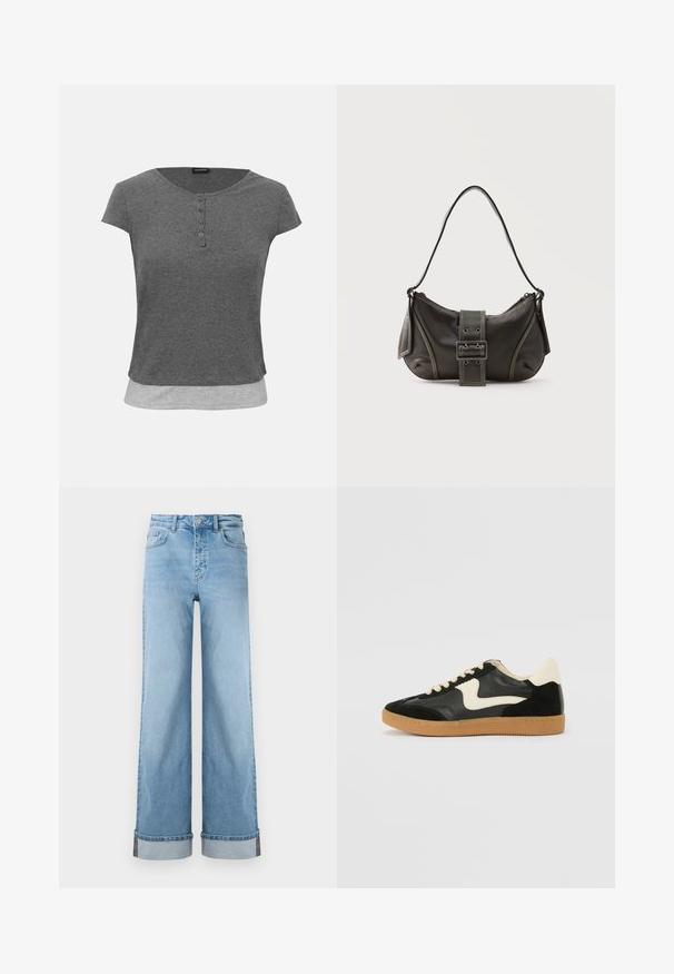 Haut en maille côtelée manches courtes gris foncé avec encolure ronde, patte à quatre boutons et détail d’ourlet superposé gris clair.; Jean large bleu clair en denim classique avec une taille haute, présentant des ourlets retroussés et des coutures visibles.; Baskets en daim et cuir noir avec un swoosh latéral crème et un talon crème clair. Dotées de lacets beige et d'une semelle en caoutchouc gomme.; Sac à épaule en cuir noir avec une sangle à boucle, des bords arrondis et des coutures blanches contrastées sur un fond uni.