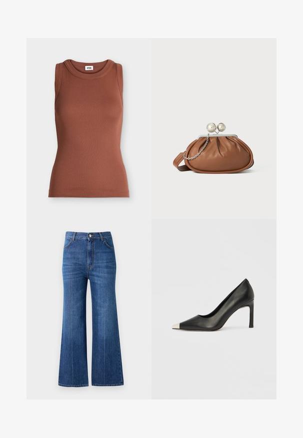 Débardeur marron slim fit en côtes sans manches avec encolure ronde et étiquette de marque à l’intérieur du col.; Jean large en denim bleu foncé, avec une taille haute, un léger effet délavé et un design classique à cinq poches. Cousu avec un fil de contraste.; Chaussure à talon haut en cuir noir avec bout pointu et capuchon argenté métallique. Présente une finition lisse et un talon fin de 10 cm.; Pochette en cuir marron avec un fermoir à boule en argent et un petit détail en chaîne argentée sur fond blanc.