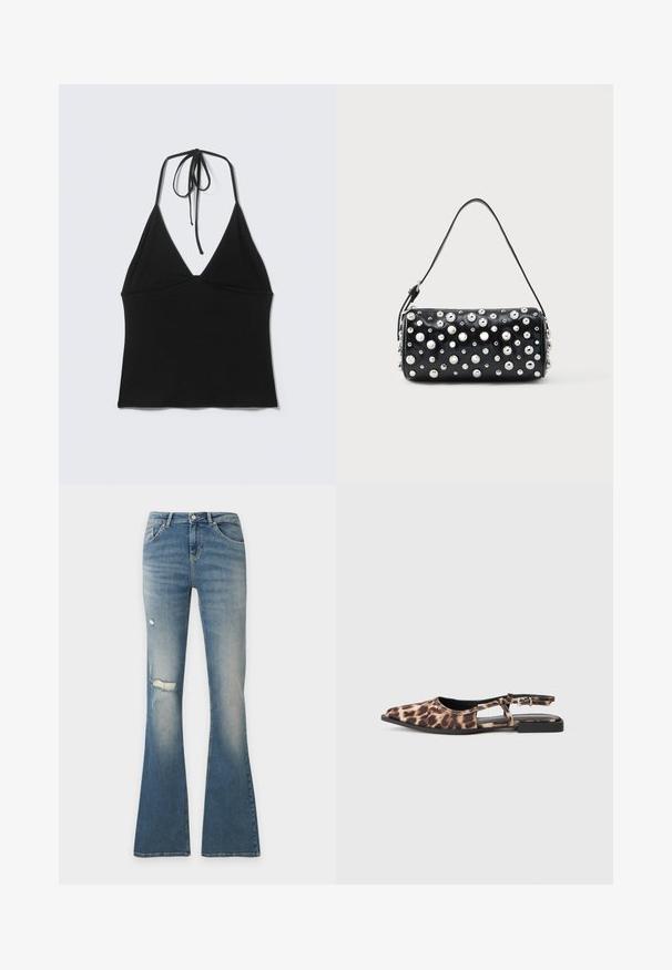 Haut court noir sans manches avec col halter et fines bretelles nouées à l'arrière du cou sur un fond clair uni.; Jean flare en denim bleu avec des détails usés sur la cuisse et le genou gauches, bouton à l'avant et coupe à cinq poches.; Ballerine à enfiler en imprimé léopard, avec un bout pointu, des côtés ouverts et un petit talon noir. Le matériau semble lisse avec un léger éclat.; Sac à main en cuir noir à forme arrondie, orné de clous argentés. Comprend une bandoulière amovible et une fermeture éclair. Texture lisse.