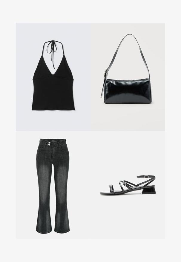 Haut court noir sans manches avec col halter et fines bretelles nouées à l'arrière du cou sur un fond clair uni.; Jean en denim noir délavé à taille haute, fermeture double bouton, poches avant et jambes légèrement évasées.; Sandale à talon bas en cuir verni noir avec plusieurs fines lanières et une petite bride à boucle autour de la cheville sur fond blanc.; Sac d'épaule rectangulaire noir avec une sangle réglable unique et une fermeture éclair supérieure sur un fond uni.