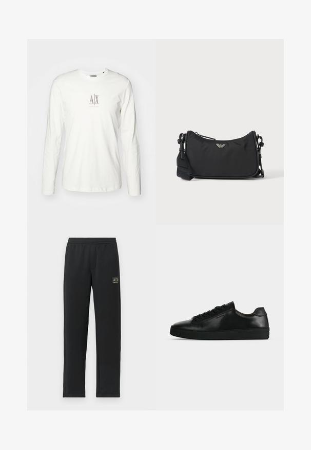 Wit katoenen t-shirt met lange mouwen, voorzien van een klein beige logo met "AX" in het midden. Gladde textuur en klassieke ronde hals.; Zwarte sweatpants met rechte pijpen, voorzien van een elastische tailleband en een zwart patchlogo op de bovenste linker dij.; Zwarte lage leren sneaker met zwarte veters en een dikke zwarte zool, getoond van opzij tegen een lichtgrijze achtergrond.; Zwarte rechthoekige crossbodytas met zilveren merklogo-embleem en verstelbare band op een lichte achtergrond.