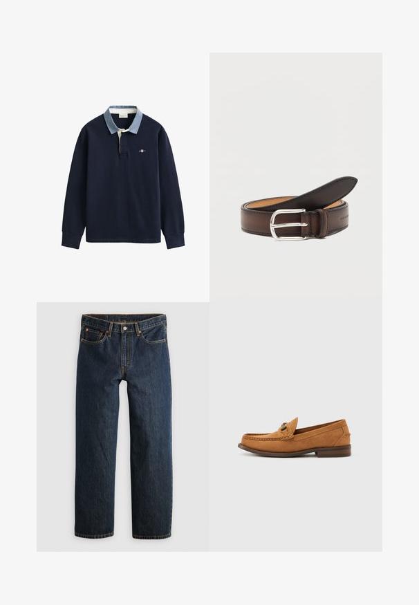 Langærmet marineblå rugbytrøje med lyseblå krave, knapstolpe og et lille broderet GANT-logo på brystet.; Mørkeblå denimjeans med en lige ben-snit. Har fem lommer, kontrastsyning og knaplukning i taljen.; Lysebrun herre loafer i ruskind med metalbitdetalje og synlig syning på moc-tåen, vist i profil mod en ensfarvet hvid baggrund.; Mørkebrun læderbælte rullet sammen med sølv rektangulært spænde på hvid baggrund.