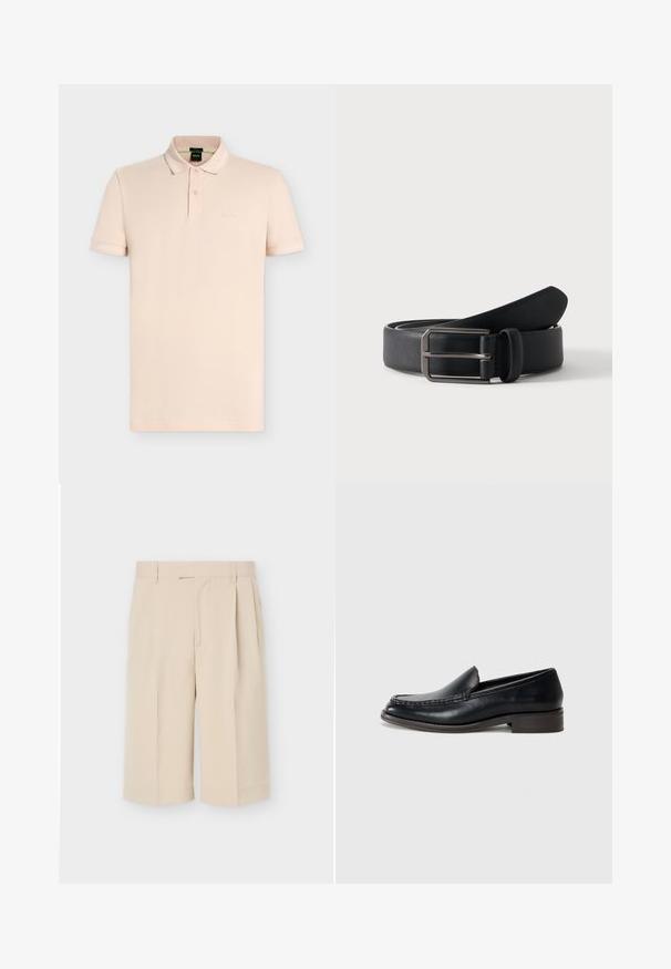 Polo manches courtes beige clair avec col, deux boutons et logo "BOSS" embossé subtil sur la poitrine gauche.; Shorts beige ajustés mi-genou avec passants de ceinture et plis à l'avant sur un fond uni clair.; Mocassin en cuir noir pour homme avec une couture sur le bout, un petit talon en bois et un design sans lacets sur un fond clair.; Ceinture en cuir noir roulée avec une boucle métallique argentée rectangulaire sur un fond clair uni.