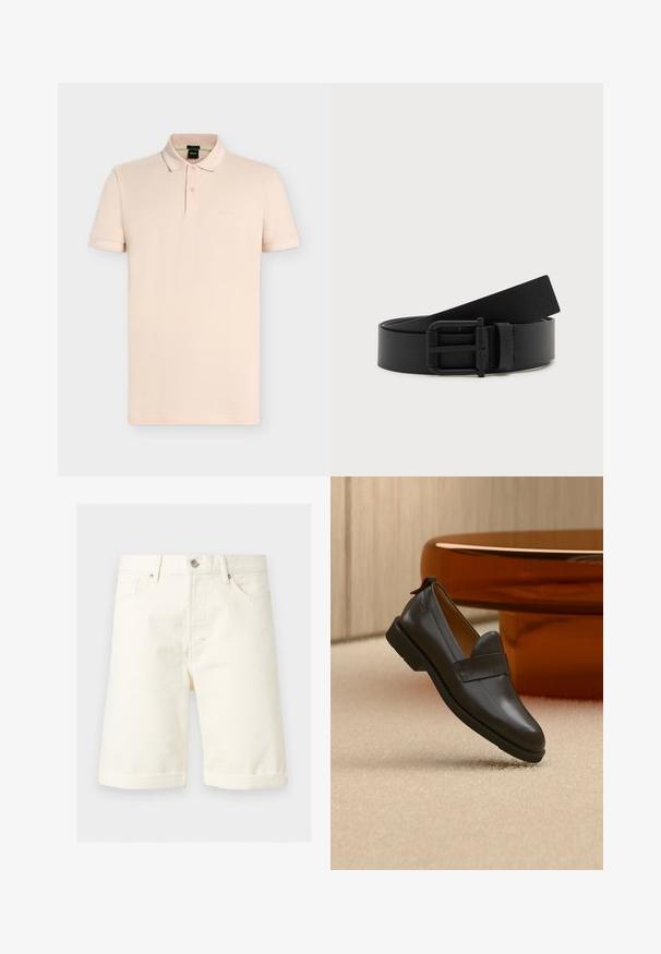 Polo manches courtes beige clair avec col, deux boutons et logo "BOSS" embossé subtil sur la poitrine gauche.; Short en denim couleur crème jusqu'aux genoux avec poches avant, passants de ceinture, fermeture par bouton et ourlets retournés.; Mocassin en cuir noir à talon bas flottant au-dessus d'un tapis beige, à côté d'une table brillante couleur ambre dans une pièce minimaliste.; Ceinture en cuir noir enroulée avec une boucle en métal noir mat sur fond blanc.