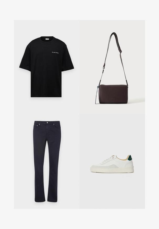 Sort bomulds t-shirt med en afslappet pasform, korte ærmer og et hvidt "FILLING PIECES" logo på venstre bryst. Glat tekstur.; Marineblå bomuldsbukser med lige ben design, der har forlommer, lynlås og metal detaljer.; Hvide sneakers med ruskindsdetaljer, rund tå, flade snørebånd og en cremet gummisål. Har grøn branding på hælen.; Mørkebrun textured læder crossbody taske med justerbar rem og lille dekorativ blå accent på siden.