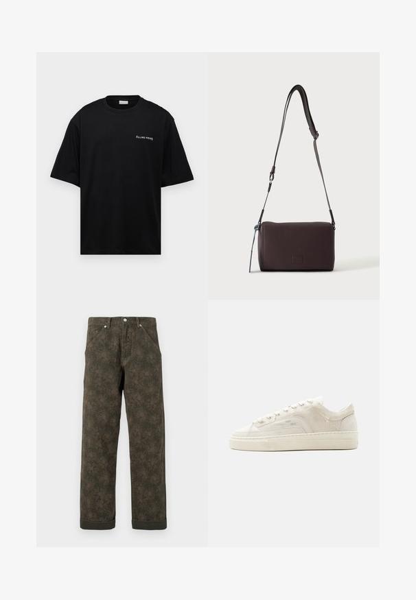 Sort bomulds t-shirt med en afslappet pasform, korte ærmer og et hvidt "FILLING PIECES" logo på venstre bryst. Glat tekstur.; Mørkegrønne bukser med subtil blomsterprint, frontknap, lommer og opsmøgede kanter.; Hvid lavtop sneaker med snørelukning, tekstureret stofoverdel og tyk gummisål vist fra ydersiden på en ensfarvet baggrund.; Mørkebrun textured læder crossbody taske med justerbar rem og lille dekorativ blå accent på siden.