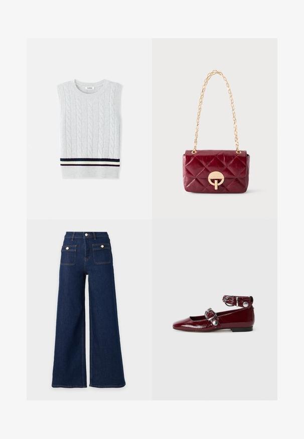Lys grå ærmeløs sweater med et kabelstrikket mønster og en stribet ribkant i marineblå, grøn og creme. Blød tekstur.; Mørkeblå vidde denimjeans med høj talje og to frontlommer med klap og knaplukning.; Bordeaux patentlæder flade sko med spids tå, en ankelrem med en sølvspænde og en lav hæl. Glat tekstur overalt.; Lille quiltet mørkerød læderhåndtaske med gyldent rundt lås og gyldenkæde på ensfarvet baggrund.