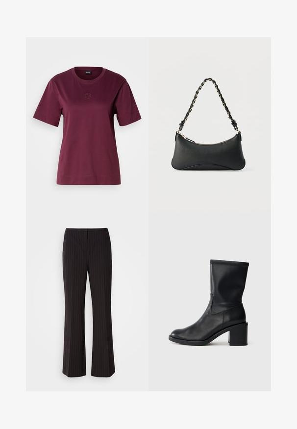 T-shirt bourgogne à manches courtes en coton doux, avec un col rond et un détail de logo brodé sur la poitrine.; Pantalons larges à rayures noires, en tissu lisse, avec une taille mi-haute et un design frontal épuré. Pas de poches visibles.; Botte en cuir noir à cheville avec un bout rond, texture lisse et un talon épais, présentant un tige ajustée et un subtil détail de couture.; Sac à bandoulière en cuir noir de forme rectangulaire incurvée, avec une chaîne dorée tissée dans la bandoulière noire tressée et une fermeture éclair sur le dessus.