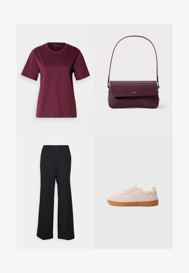Bordeaux kortærmet T-shirt lavet af blødt bomuld, med en rund halsudskæring og et broderet logo-detail på brystet.; Marc Cain Bukser - black; Lyserøde sneakers med en tekstureret overflade, hvide accenter og en brun gummisål. Har en lav profil og rund tå-design.; Bordeauxfarvet lædertaske med et struktureret design, der har en klaplukning og en justerbar rem. Logo detaljer præget på forsiden.