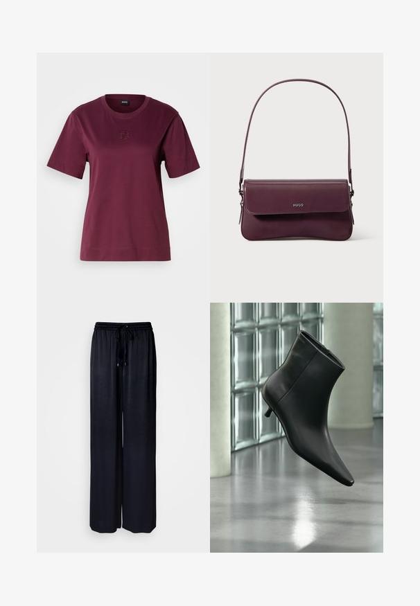 T-shirt bourgogne à manches courtes en coton doux, avec un col rond et un détail de logo brodé sur la poitrine.; Pantalon noir à jambes larges en tissu léger avec taille élastique et cordon de serrage ajustable. Texture lisse sans motifs visibles.; Bottine en cuir noir à bout pointu et petit talon kitten, présentée en angle devant un sol poli et un mur en blocs de verre.; Sac à main en cuir bordeaux au design structuré, avec une fermeture à rabat et une bandoulière ajustable. Détail du logo embossé sur le devant.