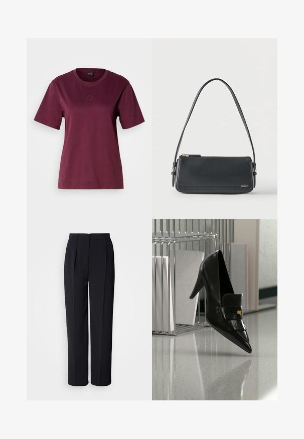Camiseta de manga corta burdeos hecha de algodón suave, con un escote redondo y un detalle de logo bordado en el pecho.; Pantalones negros de corte recto a medida, con pliegues delanteros, trabillas para cinturón y cierre delantero oculto sobre un fondo blanco.; Zapato de tacón alto de cuero negro con punta afilada y flecos decorativos flotando sobre un suelo brillante cerca de una estantería metálica con documentos.; Bolso de hombro rectangular de cuero negro con cremallera dorada y pequeño logo dorado "HUGO" en el frente, con una correa ajustable con hebilla.