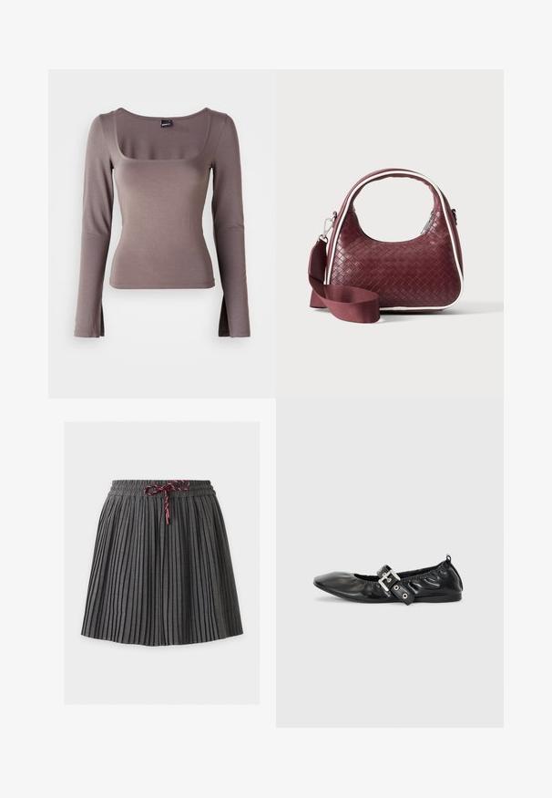 Top de manga larga en una suave tela marrón. Presenta un escote cuadrado y aberturas laterales en el dobladillo. Textura suave con un diseño ceñido.; Falda plisada gris oscuro con cintura elástica y cordón granate atado en el centro delantero.; Zapato plano de piel negra con puntera afilada, detalle fruncido alrededor de la abertura y un acento de hebilla plateada en la correa ajustable.; Bolso de mano de cuero tejido color granate con asa curva, ribete blanco, cremallera plateada y correa desmontable de tela ancha para el hombro sobre fondo liso.