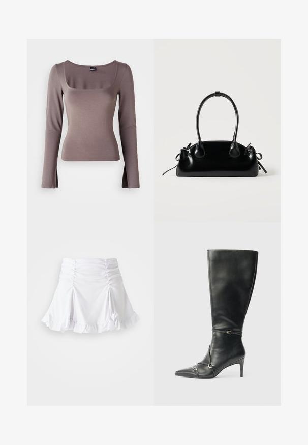 Top de manga larga en una suave tela marrón. Presenta un escote cuadrado y aberturas laterales en el dobladillo. Textura suave con un diseño ceñido.; Falda blanca de tela texturizada con detalles fruncidos y dobladillo con volantes. Presenta un diseño acampanado con una cintura ajustada.; Botas negras de cuero hasta la rodilla con tacón delgado, punta afilada y detalles de diseño con correas en el tobillo. Textura suave y diseño ajustado.; Pequeño bolso negro brillante con dos asas largas y detalles de cordón lateral sobre un fondo claro liso.