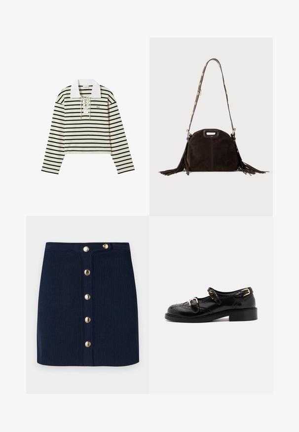 Top de manga larga a rayas en crema y negro, con un cuello blanco y un frente con cordones. Presenta un diseño corto y un pequeño logo en el lado izquierdo del pecho.; Minifalda de punto acanalado en azul marino con cintura alta y una hilera frontal de seis botones en tono dorado.; Zapatos de cuero negro con detalles de brogue, que presentan dos correas con hebillas, una puntera redondeada y un tacón bajo. Textura suave con un acabado brillante.; Bolso de mano de ante marrón oscuro con asa superior recortada, correa larga ajustable con detalles de botones dorados y flecos largos en ambos lados.